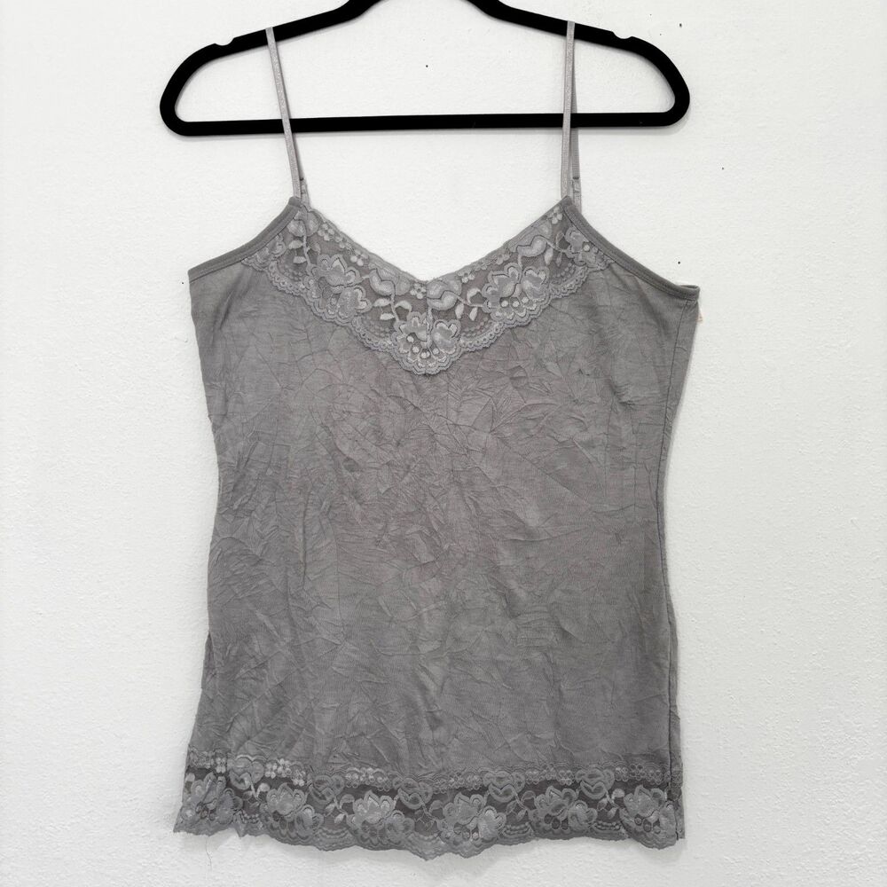 Womens Y2K Gray Crinkle Lace Trim Cami Top Small Large Coquette Dainty Indie
